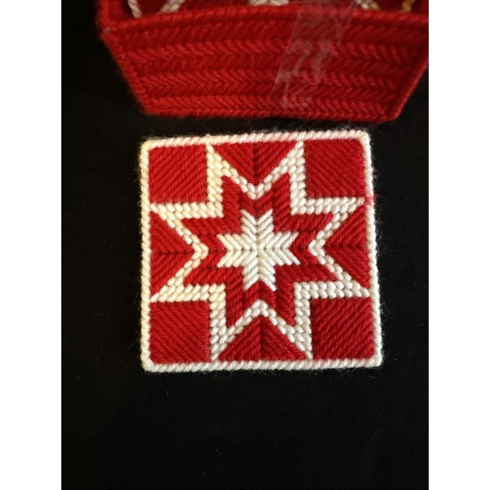 8 Coasters Handmade Needlepoint Crochet With Stars Red‎ And White Yarn New